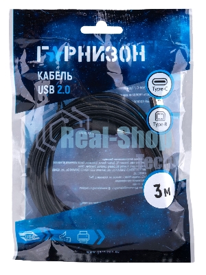 Кабель USB2.0 Гарнизон GCC-USB2-CMBM-3M, Type-C/BM, медь, 3м, черный, пакет