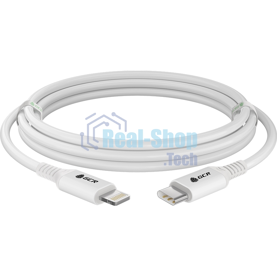 Кабель GCR PREMIUM 3.0m TypeC/Lightning MFI POWER DELIVERY 18 W, быстрая зарядка, белый силикон, AL case белый, белый ПВХ, GCR-53756