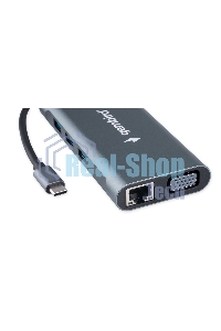 USB-концентратор Type-C Gembird UHB-D4, 10в1: 3xUSB3.1, Type-C PD87W, Jack 3.5, SD/TF, HDMI, RJ45, VGA, кабель 15 см, алюминий