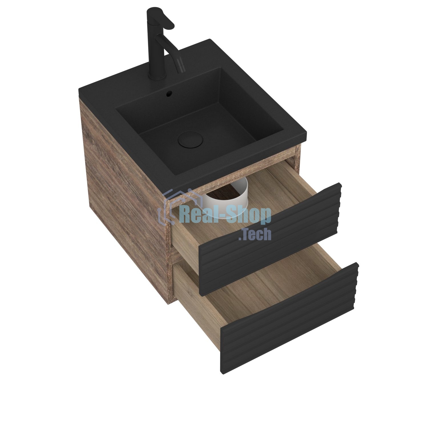 Тумба под раковину Bau Stil Loft black brushed, раковина кварцевая BAU Stil 40, черный металлик, смеситель Dream Black, черный