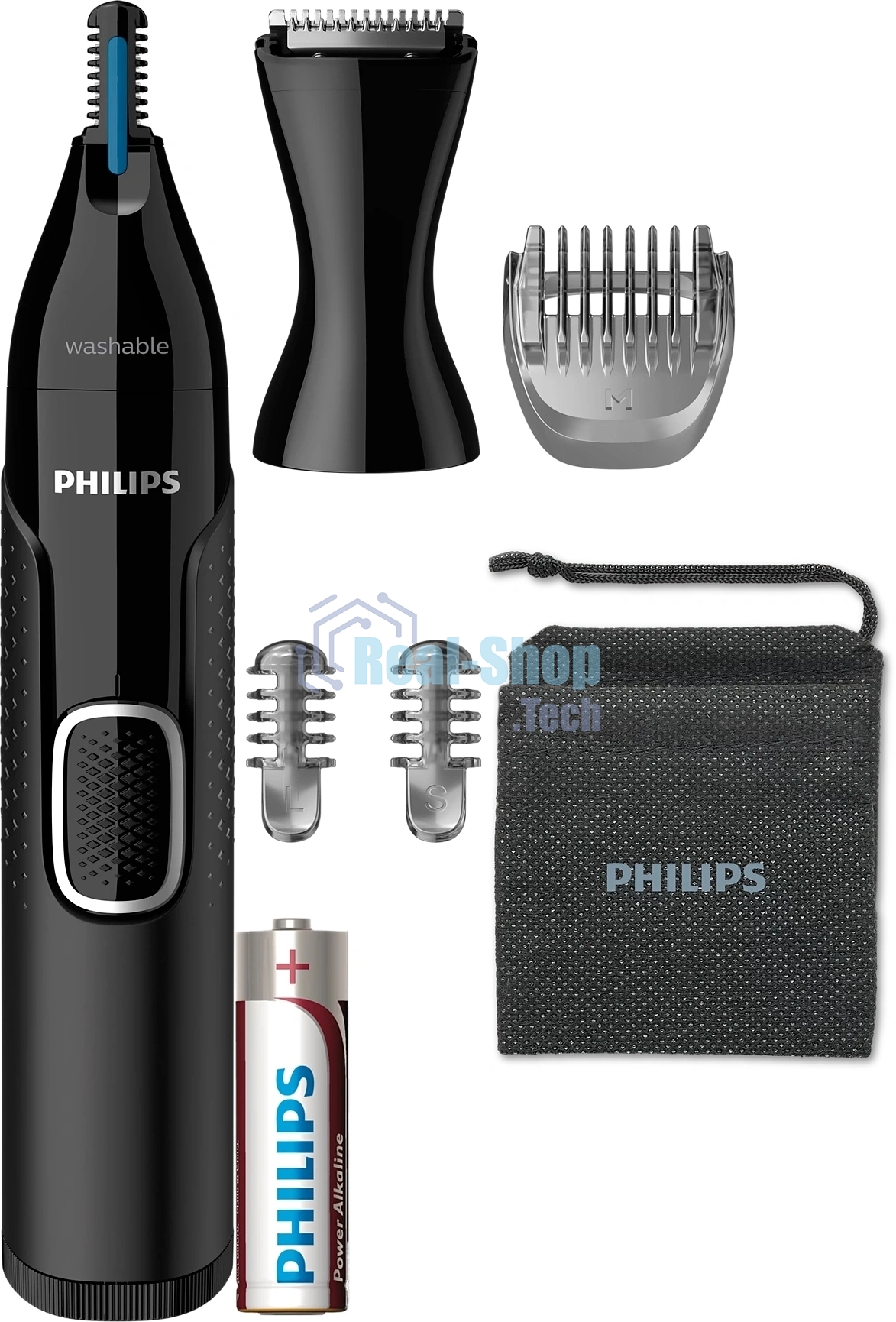 Триммер Philips для носа и ушей, черный, корпус - пластик, 3 насадки-гребня, насадка - триммер, щеточка для очистки, мягкий чехол, батарейка