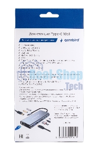 USB-концентратор Type-C Gembird UHB-D4, 10в1: 3xUSB3.1, Type-C PD87W, Jack 3.5, SD/TF, HDMI, RJ45, VGA, кабель 15 см, алюминий
