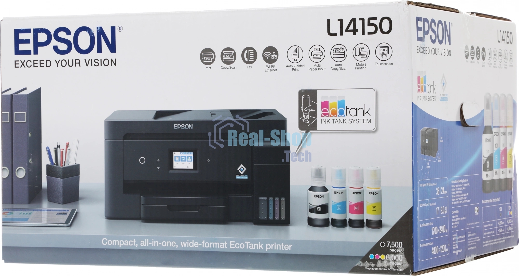 МФУ струйное Epson L14150, (C11CH96404/C11CH96505/C11CH96403/C11CH96502/C11CH96507), A3, цветной, печ. 38 стр/мин (ч/б) 24 стр/мин (цв.), 1200 x 4800 dpi (печать) 1200x2400dpi (скан.), USB, RJ-45, Wi-Fi