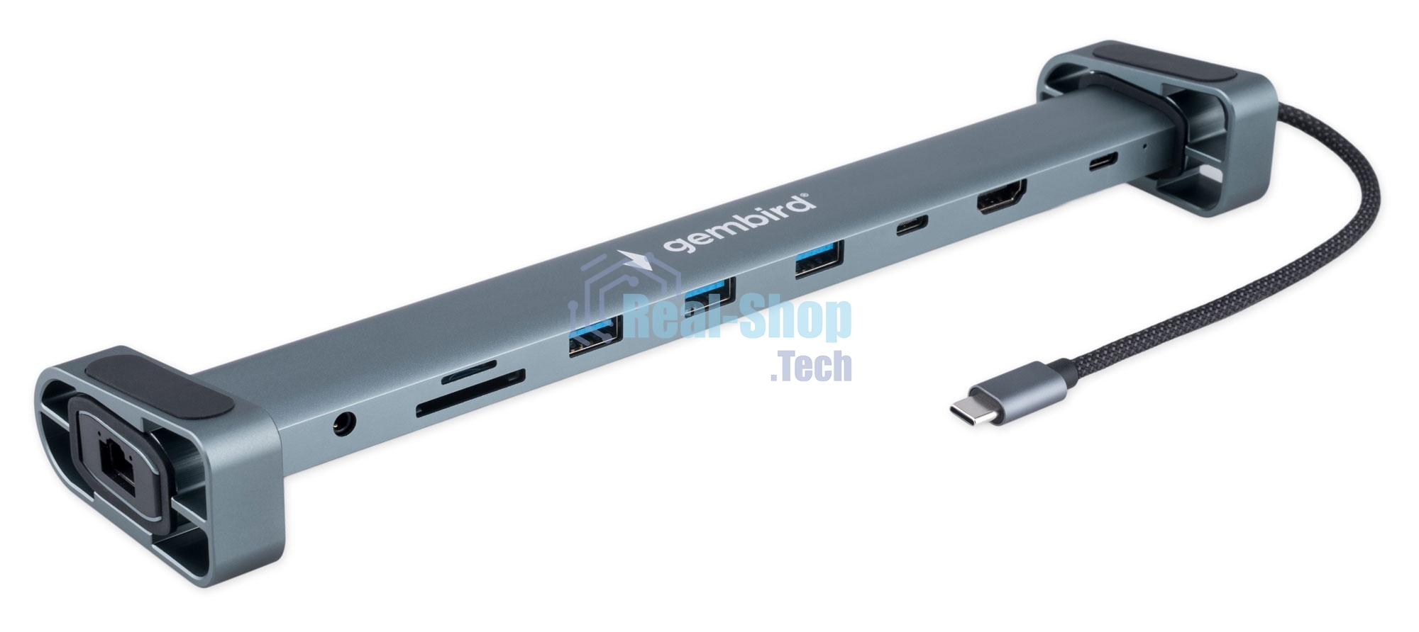 USB-концентратор Type-C Gembird UHB-D5, 10в1: 3xUSB3.1, Type-C PD87W, Jack 3.5, SD/TF, HDMI, RJ45, Type-C, кабель 14см, алюминий