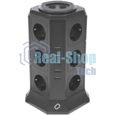 Сетевой фильтр Qumo Power Tower Pro 12SP5U (P-0001), 12 розеток, 2200 Вт, 10A, кабель 2 м 3*1 мм чистая медь, пожаробезопасный пластик, евровилка, 5 USB портов 4.5A суммарно
