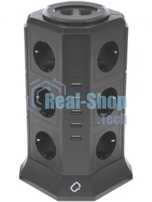 Сетевой фильтр Qumo Power Tower Pro 12SP5U (P-0001), 12 розеток, 2200 Вт, 10A, кабель 2 м 3*1 мм чистая медь, пожаробезопасный пластик, евровилка, 5 USB портов 4.5A суммарно