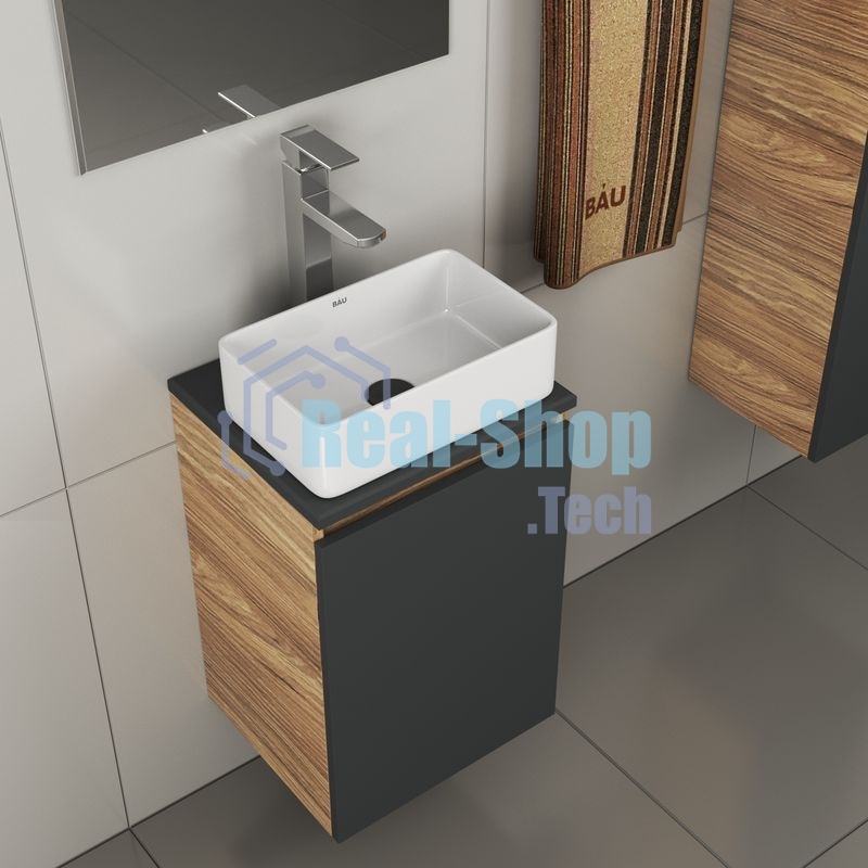Комплект для ванной, 4 предмета (тумба Bau 40, графит + раковина BAU Hotel mini 37х23 + смеситель Hotel Still, выпуск клик-клак, черный)