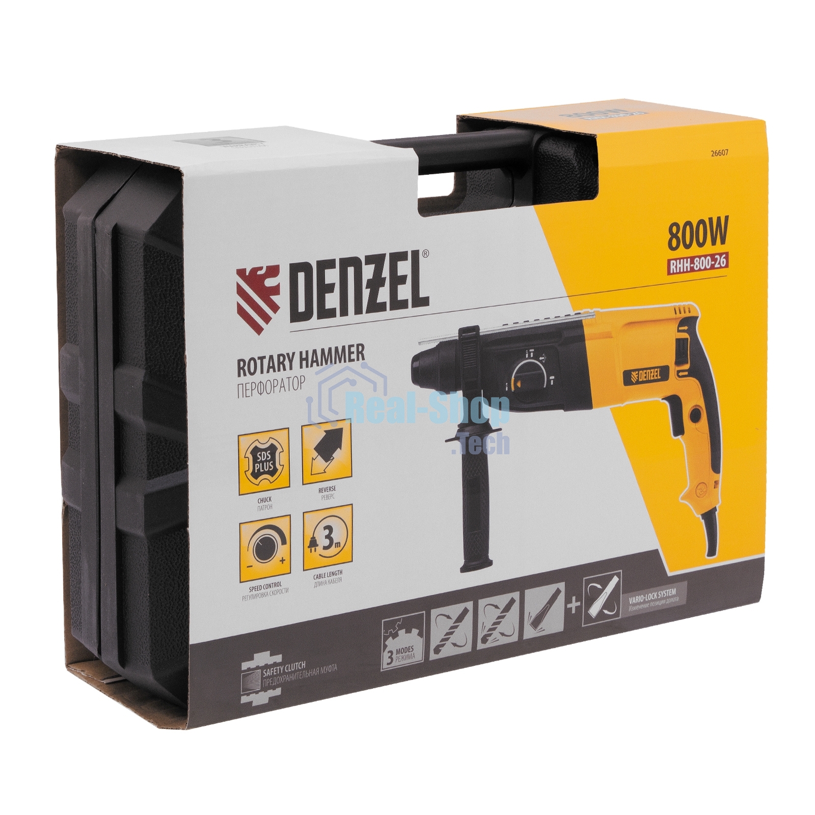 Перфоратор электрический Denzel RHH-800-26, SDS-plus, 800 Вт, 3 Дж, 3 плюс 1 реж.