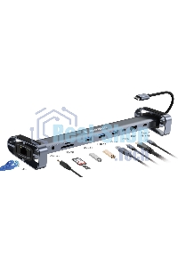 USB-концентратор Type-C Gembird UHB-D5, 10в1: 3xUSB3.1, Type-C PD87W, Jack 3.5, SD/TF, HDMI, RJ45, Type-C, кабель 14см, алюминий