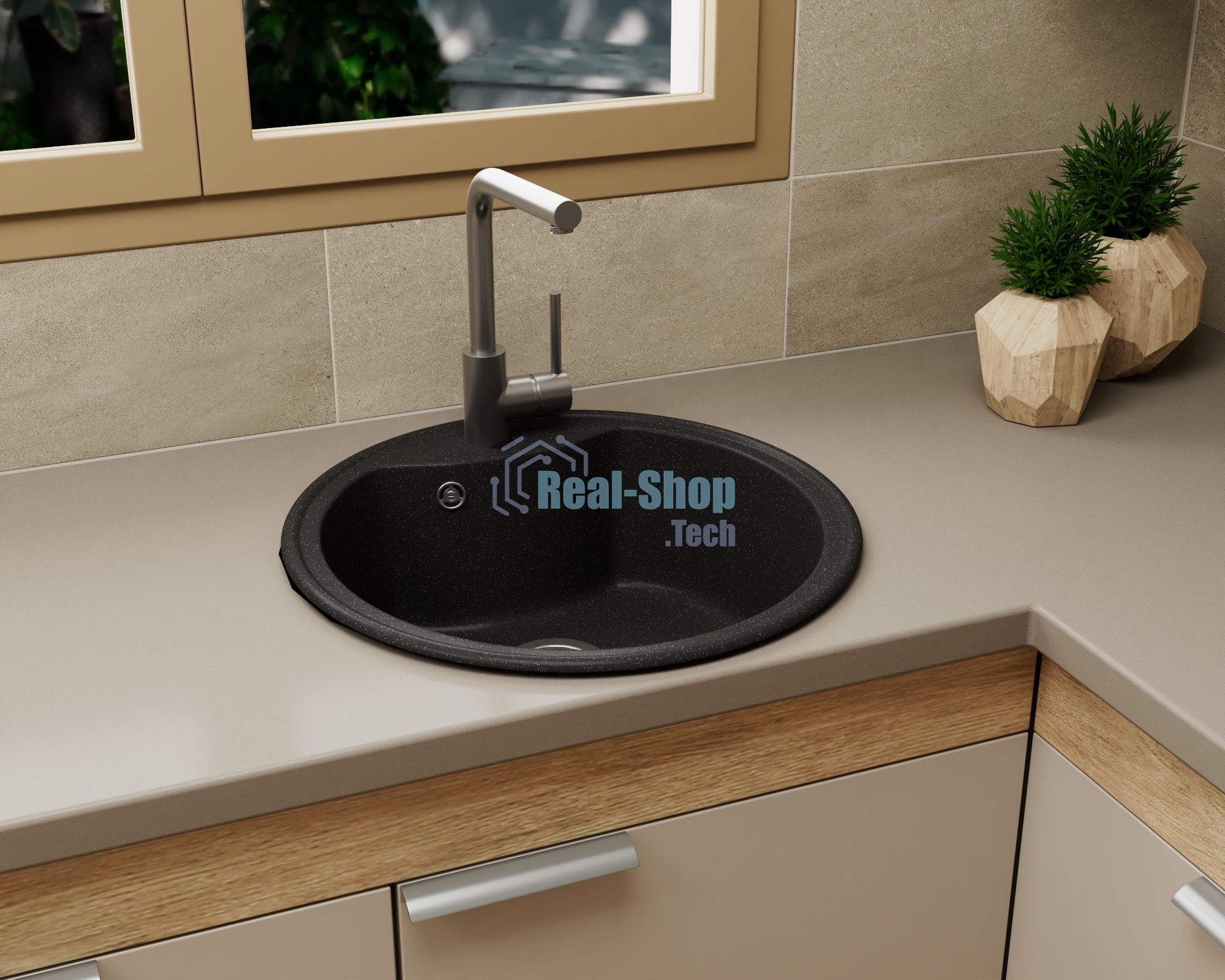Мойка для кухни BAU Dream Black stone D 51, выпуск с сифоном в комплекте, черный камень
