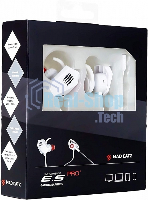 Игровые мобильные наушники белые Mad Catz E.S. PRO+ (3.5 мм jack, 13.5 мм неодимовые магниты, 32 Ом, 20 ~ 20000 Гц, микрофон)