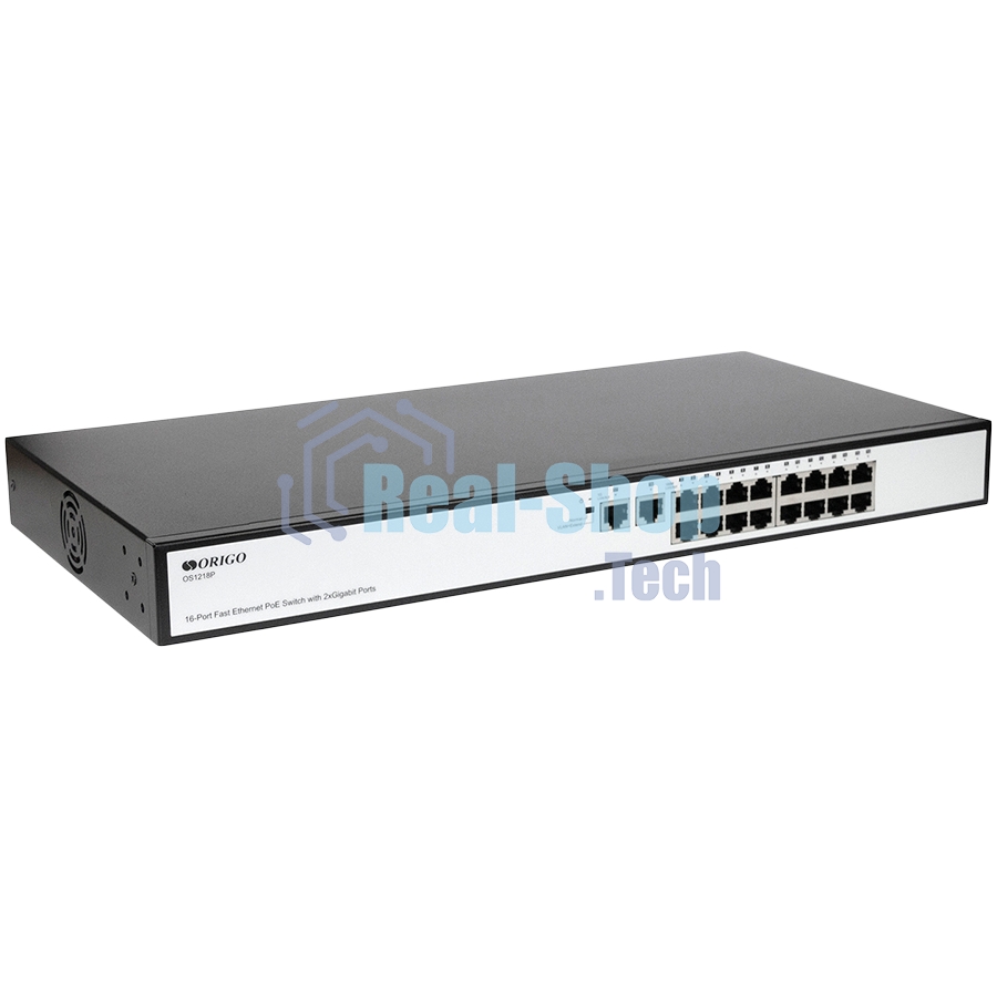 Неуправляемый PoE-коммутатор ORIGO OS1218P/190W/A1A 16x100Base-TX PoE+, 2x1000Base-T, PoE-бюджет 190 Вт, корпус металл