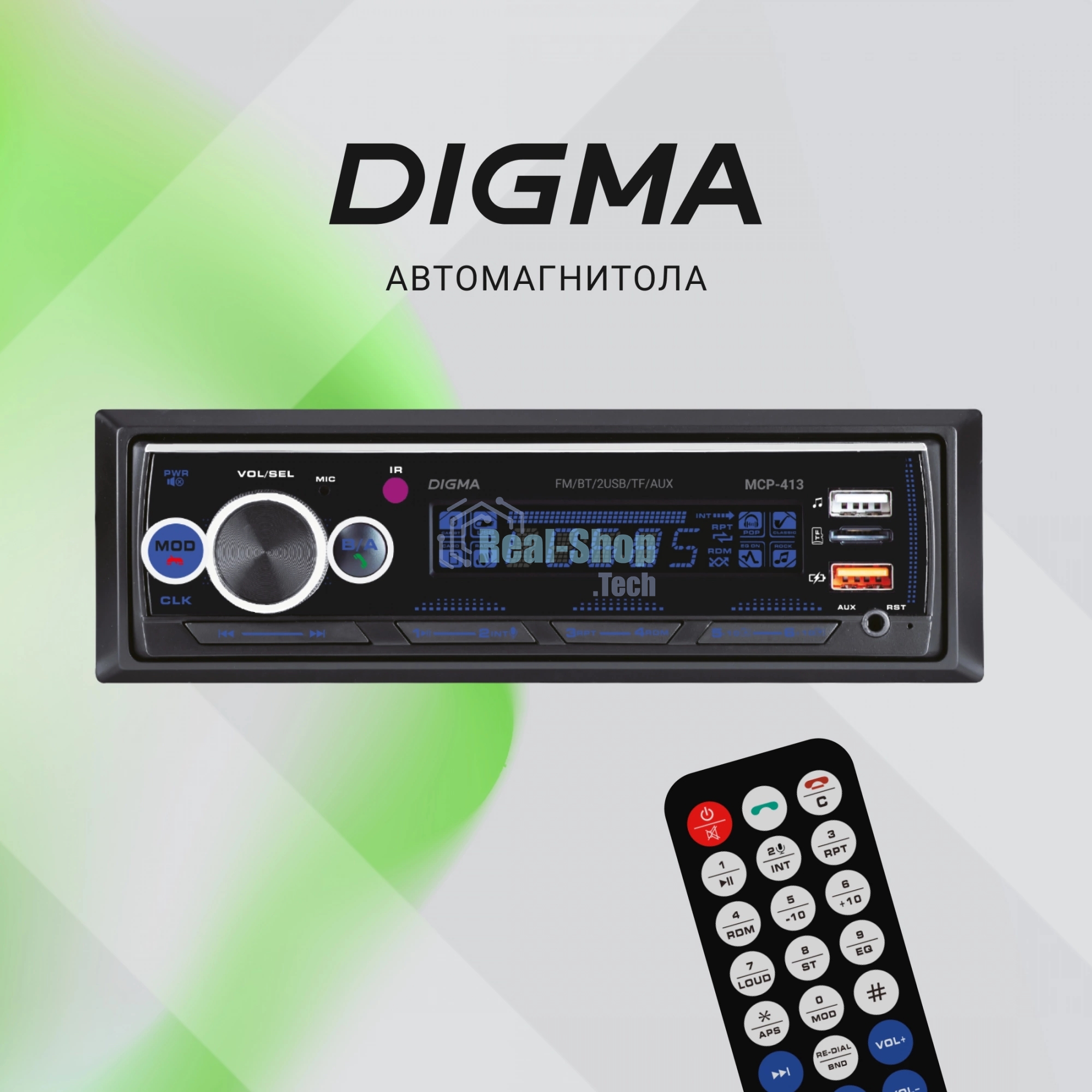 Автомагнитола Digma MCP-413, 1 DIN, Bluetooth, USB Type-A, AUX, пульт ДУ