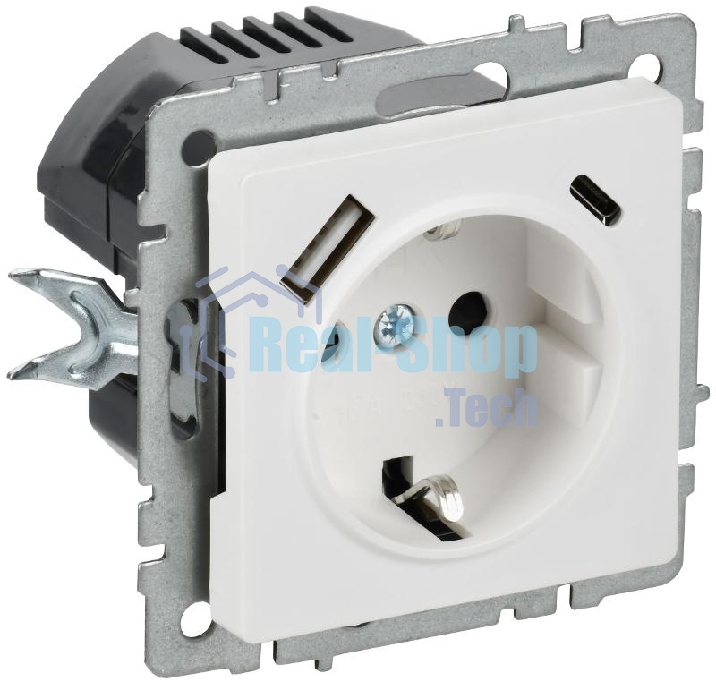 BRITE Розетка 1-местная с заземлением с защитными шторками 16А с USB A+C 18Вт РЮш11-1-БрАБ арктический белый  | BR-R14-16-U22-018-K91 | IEK