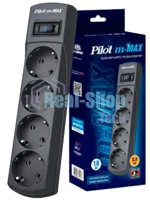 Сетевой фильтр ZIS Pilot m Max 4 розетки (евро с заземлением), 15А/3.3 кВа, автомат, 5 м, черный Surge protector Pilot m Max 4 euro outlets, 15А/3.3кВа, 5m, black