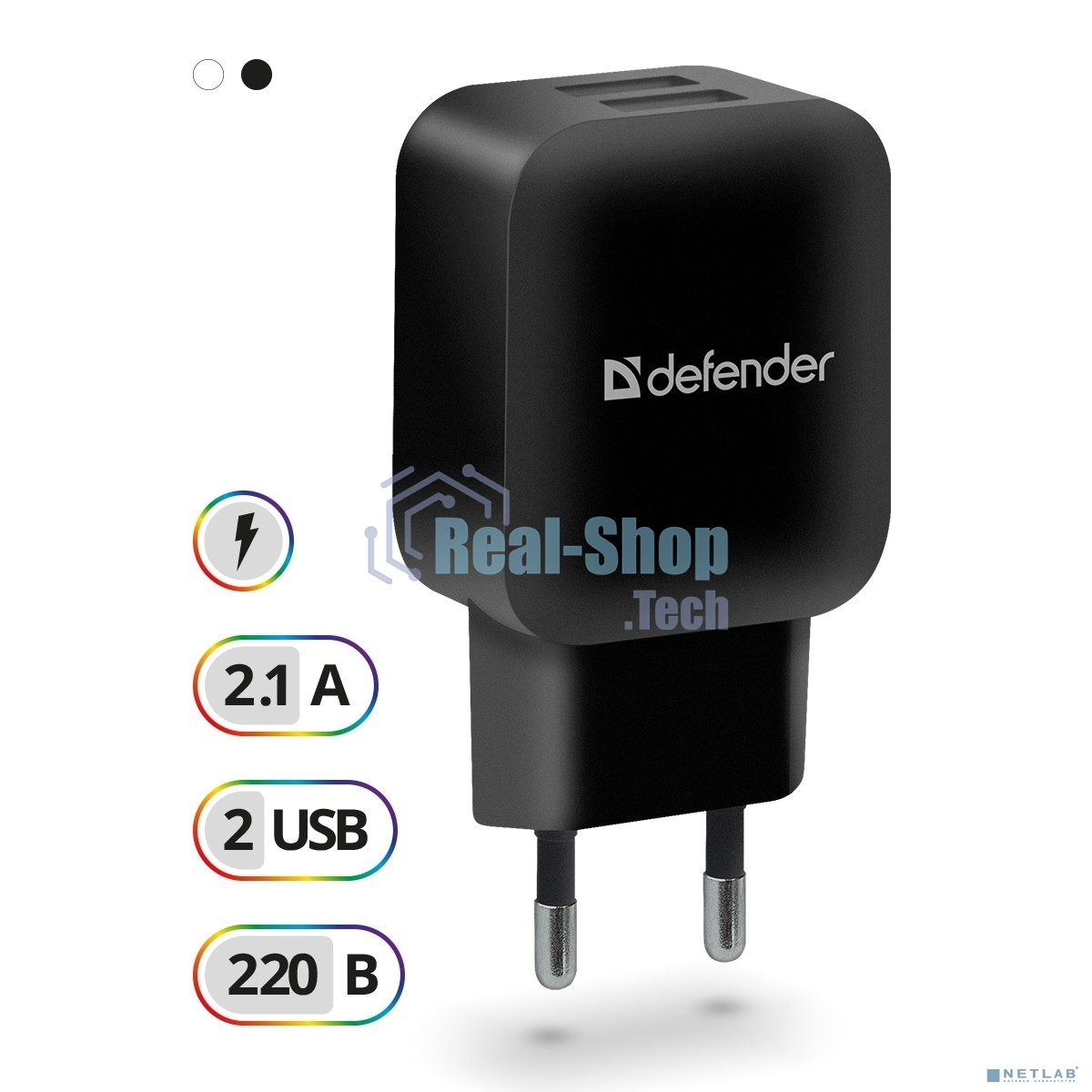 Сетевой адаптер Defender 2xUSB, 5V/2.1А, черный, пакет (EPA-13)