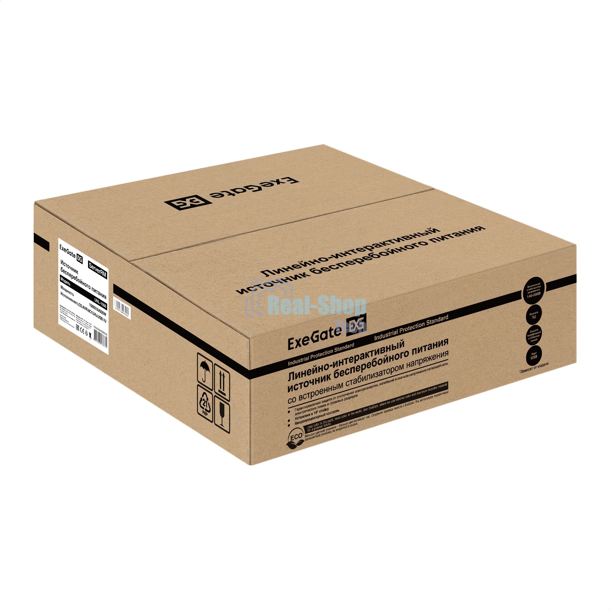 Источник бесперебойного питания ExeGate 1U ServerRM UNL-1000.LCD.AVR.6C13.RJ.USB.1U 1000VA/600W, LCD, AVR, 6*C13, RJ, USB, 1U, установка в стойку, черный