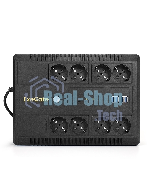 Источник бесперебойного питания ExeGate NEO NNB-1000.LED.AVR.8SH.CH 1000VA/650W, LED, AVR, 8*Schuko, 4*USB-порта для зарядки, черный