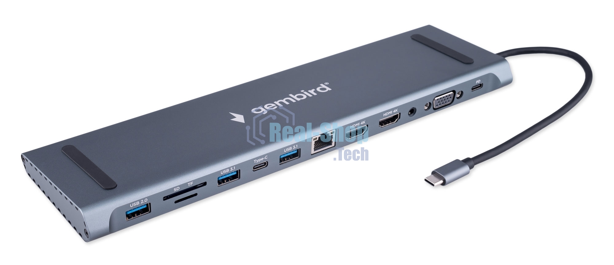 USB-концентратор Type-C Gembird UHB-D6, 12в1: 2xUSB3.1, USB2.0, RJ45, Type-C PD87W, Jack 3.5, SD/TF, 2xHDMI, VGA, Type-C, кабель 23см, алюминий
