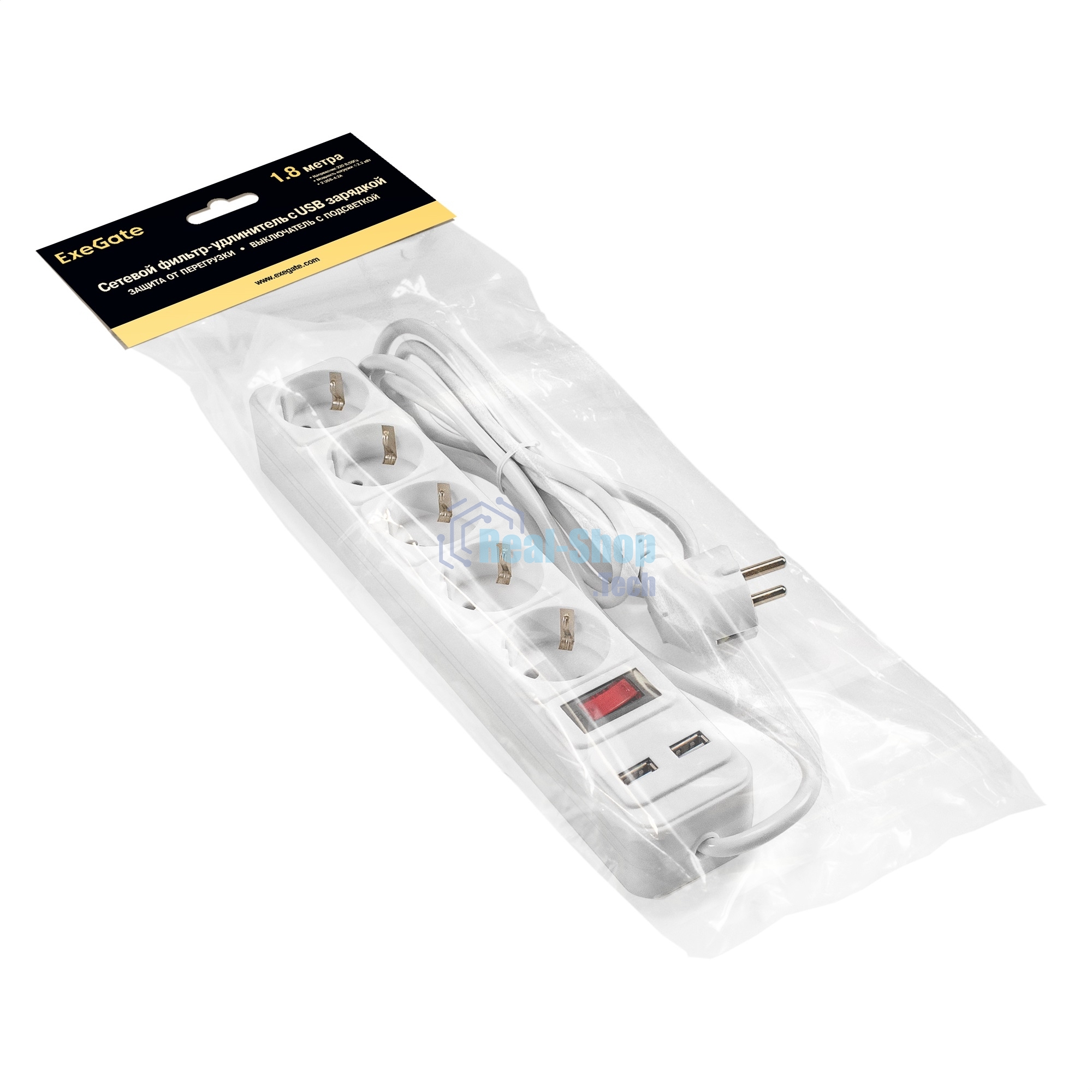 Сетевой фильтр-удлинитель с USB зарядкой ExeGate SP-5-USB-1.8W (5 евророзеток с заземлением, 2 USB-A 2A, 1.8 м, защита от перегрузки, выключатель с подсветкой, белый)
