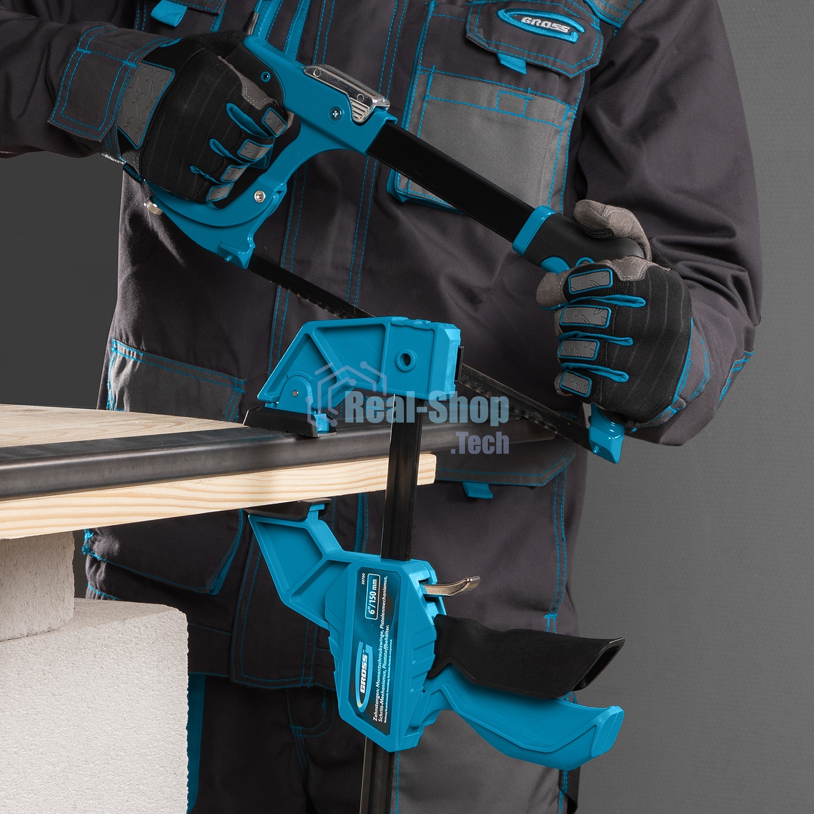 Струбцина реечная Gross быстрозажимная, пистолетного типа, пошаг. механизм, пластиковый корпус,150 мм