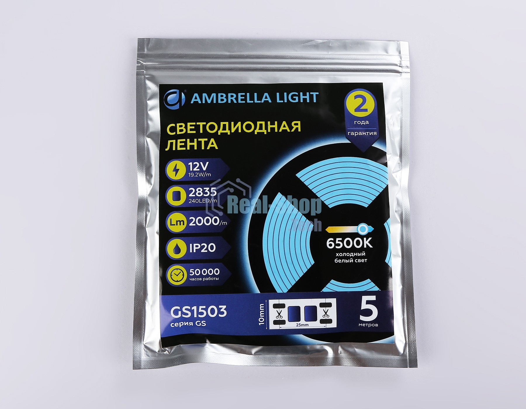 Светодиодная лента Ambrella light GS1503 2835 240Led/ 19.2W m/ 12V IP20 6500K/ 5000*10*1.2mm (2 конт.)