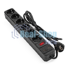 Сетевой фильтр-удлинитель с USB зарядкой ExeGate SP-6-USB-1.8B (6 евророзеток с заземлением, 2 USB-A 2A, 1.8 м, защита от перегрузки, выключатель с подсветкой, черный)