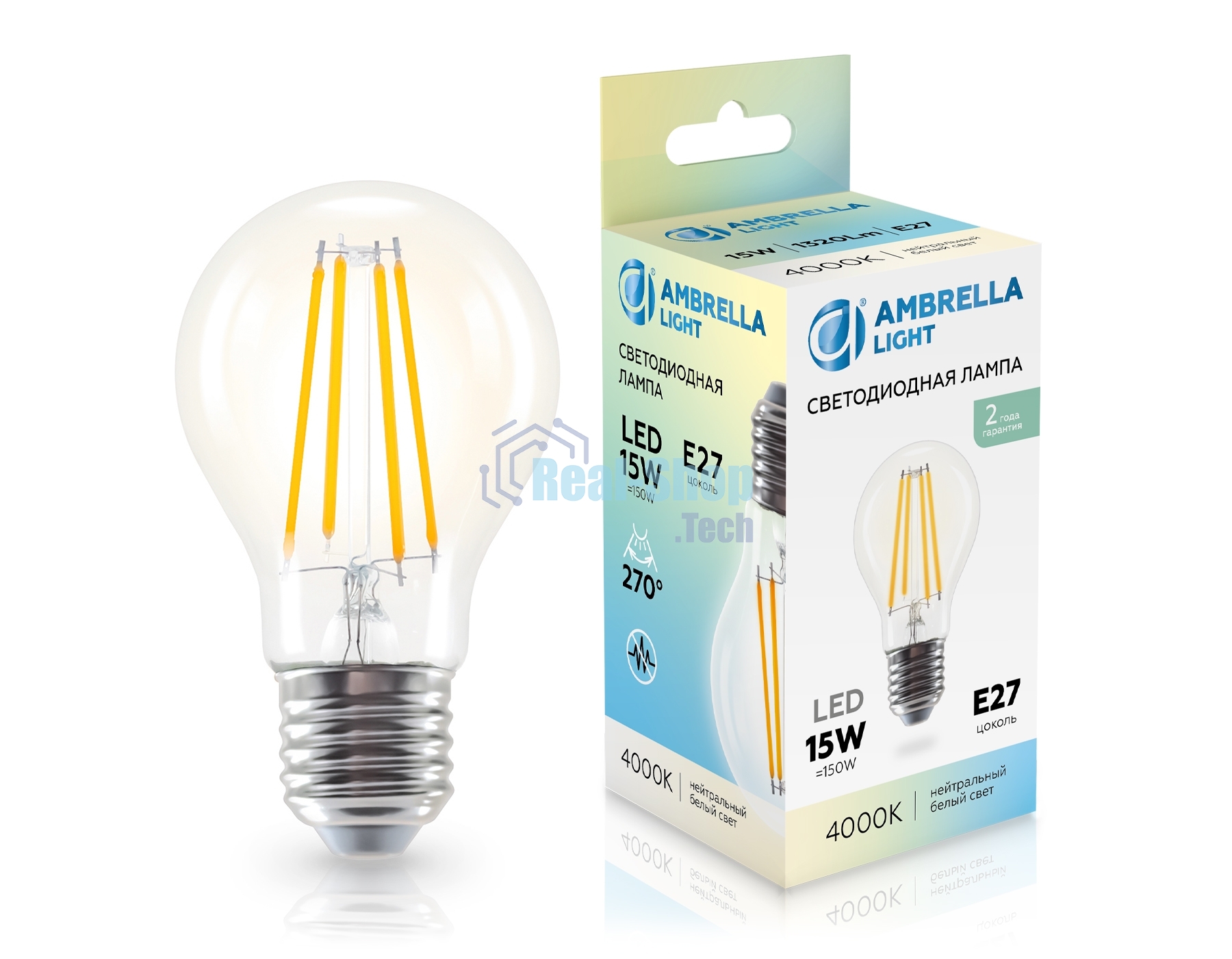 Лампа светодиодная 601514 Filament LED A60 15W E27 4000K 220-240V
