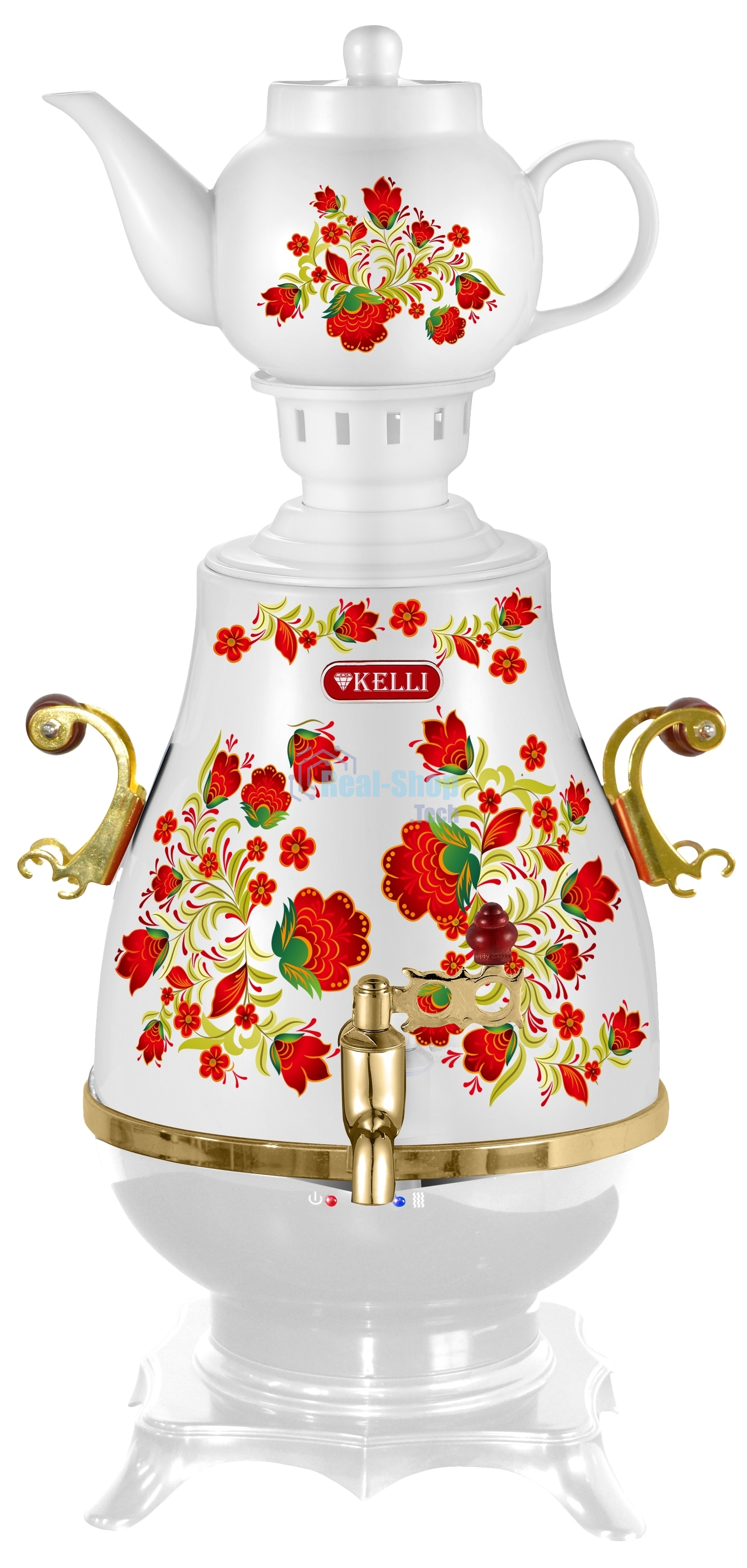 Самовар электрический Kelli KL-1321 Обьем 4 л Заварной чайник 0,9 л Раздельная нагревательная система Кнопки вкл./выкл. и поддержания температуры Функция автоматического кипячения и поддержания температуры Закрытый нагревательный элемент Пластиковый корпу