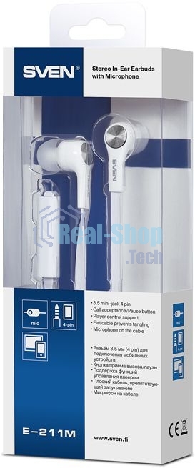 Наушники внутриканальные с микрофоном SVEN E-211Mбелый