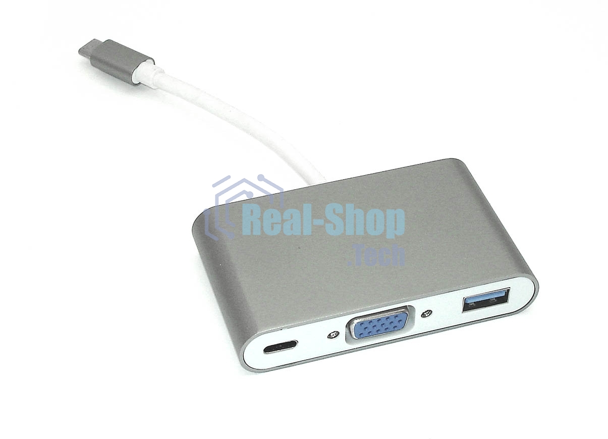 Адаптер Type-C на VGA, USB 3.0 + Type-С для MacBook, серый