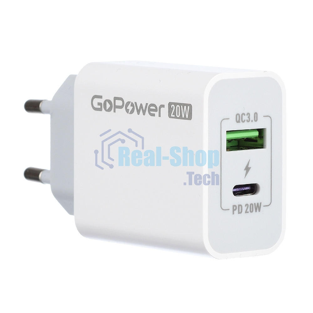 Сетевое зарядное устройство GOPOWER 1USB+1TYPE-C 20W QC3.0 00-00028401 WHITE