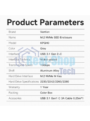 Корпус для SSD Vention USB 3.1 Gen 2-C M.2 NVMe Серый