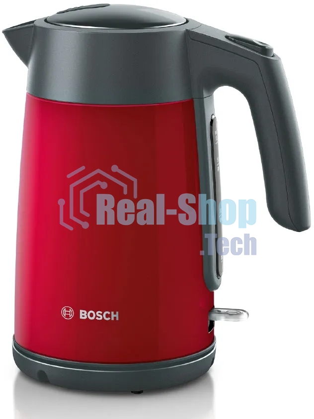 Чайник электрический Bosch TWK7L464, 1.7л, 2400 Вт., нерж.сталь, покрытая эмалью, красный,шкала уровня воды