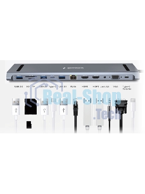 USB-концентратор Gembird UHB-D6, USB Type-C, USB 2.0/RJ45/USB Type-C PD87W/Jack 3.5 / SD/TF/2xHDMI/VGA, USB Type-C