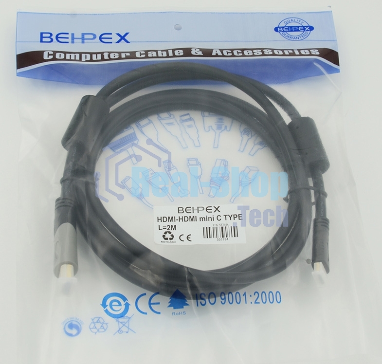 Кабель аудио-видео Behpex HDMI (m)/Mini HDMI (m) 2м. феррит.кольца черный