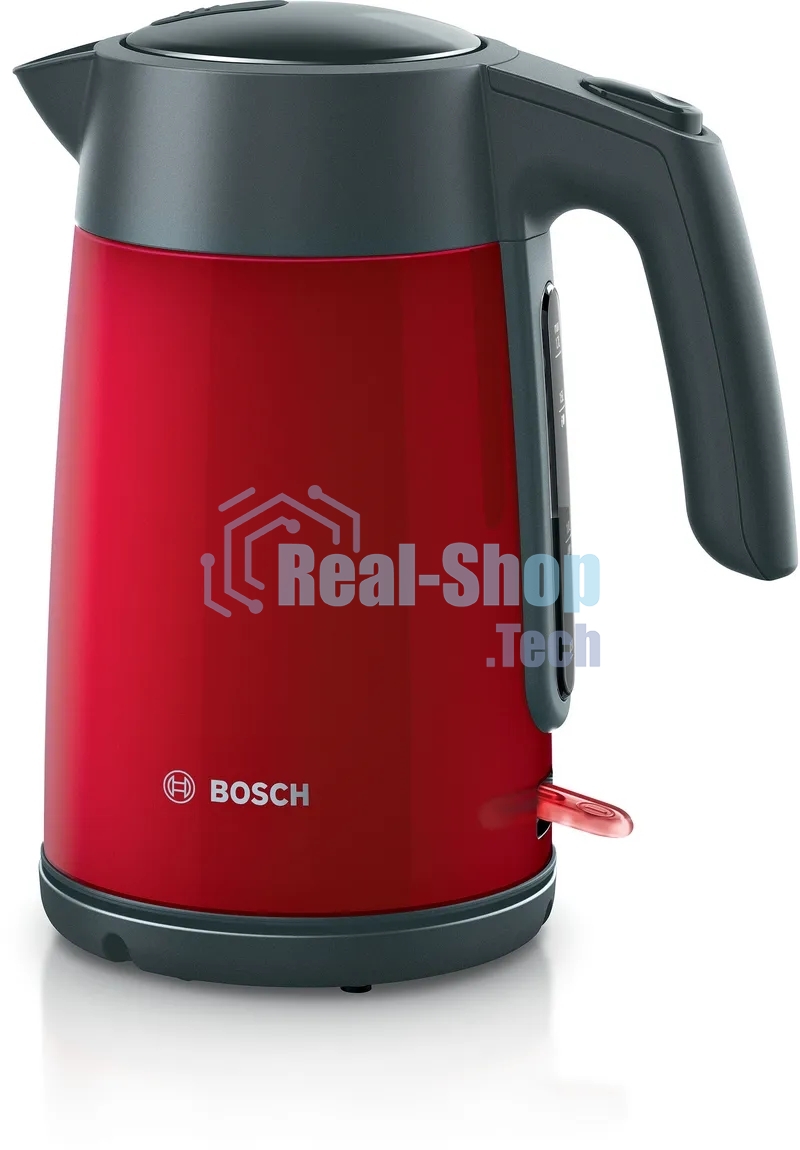 Чайник электрический Bosch TWK7L464, 1.7л, 2400 Вт., нерж.сталь, покрытая эмалью, красный,шкала уровня воды