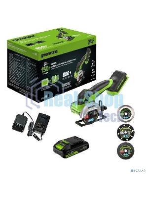 Угловая шлифовальная машина аккумуляторная GreenWorks GD24UCS, 24V, б/щет, 20000 об/мин,76 мм, рез 18 мм,1х2Ач,ЗУ,кор 3402007CUA
