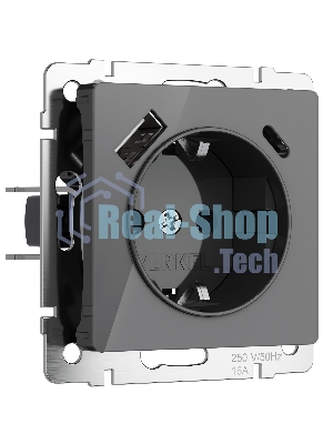 Розетка с заземлением, шторками и USB тип A+C (графит акрил)
