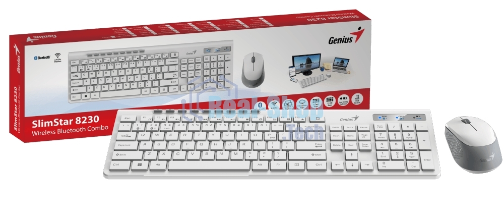 Комплект беспроводной Genius Smart KM-8230 белый, клавиатура+мышь, USB, 1 мини-ресивер на оба устройства. Клавиатура: 104 клавиши кнопка SmartGenius, клавиши т