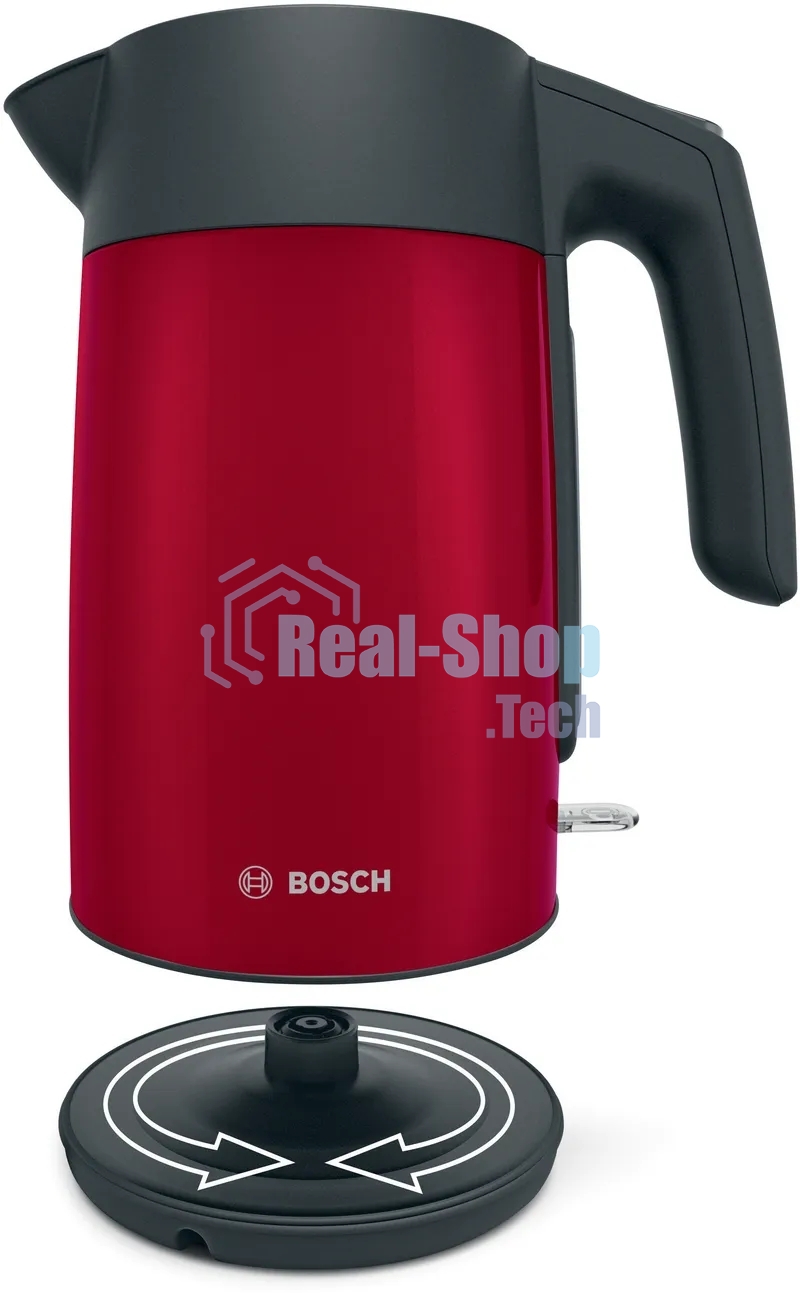 Чайник электрический Bosch TWK7L464, 1.7л, 2400 Вт., нерж.сталь, покрытая эмалью, красный,шкала уровня воды