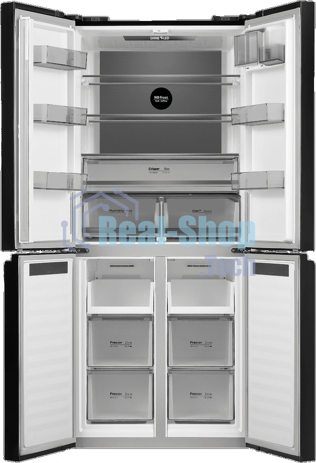 Холодильник Maunfeld MFF192NFB01 Inverter черный стекло трехкамерный 334/184л морозилка снизу, No Frost, Side by Side