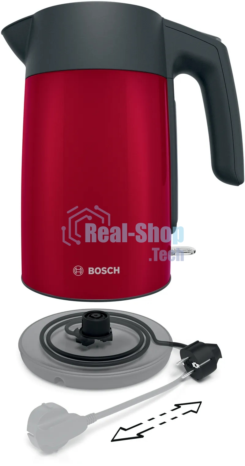 Чайник электрический Bosch TWK7L464, 1.7л, 2400 Вт., нерж.сталь, покрытая эмалью, красный,шкала уровня воды