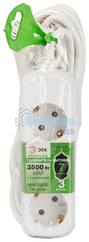 Удлинитель электрический ЭРА UDL-16-370-E Greenline 3 розетки с заземлением 7м ПВС 3x1мм2