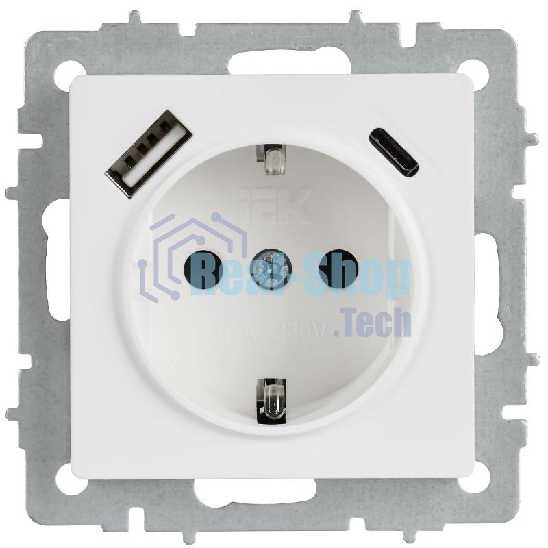 BRITE Розетка 1-местная с заземлением с защитными шторками 16А с USB A+C 18Вт РЮш11-1-БрАБ арктический белый  | BR-R14-16-U22-018-K91 | IEK
