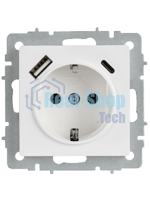 BRITE Розетка 1-местная с заземлением с защитными шторками 16А с USB A+C 18Вт РЮш11-1-БрАБ арктический белый  | BR-R14-16-U22-018-K91 | IEK