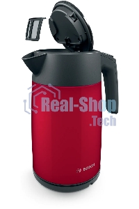 Чайник электрический Bosch TWK7L464, 1.7л, 2400 Вт., нерж.сталь, покрытая эмалью, красный,шкала уровня воды