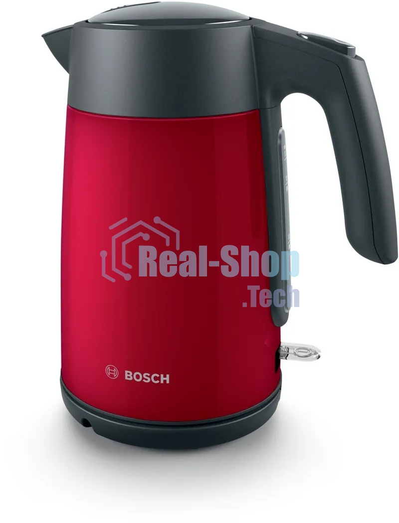 Чайник электрический Bosch TWK7L464, 1.7л, 2400 Вт., нерж.сталь, покрытая эмалью, красный,шкала уровня воды