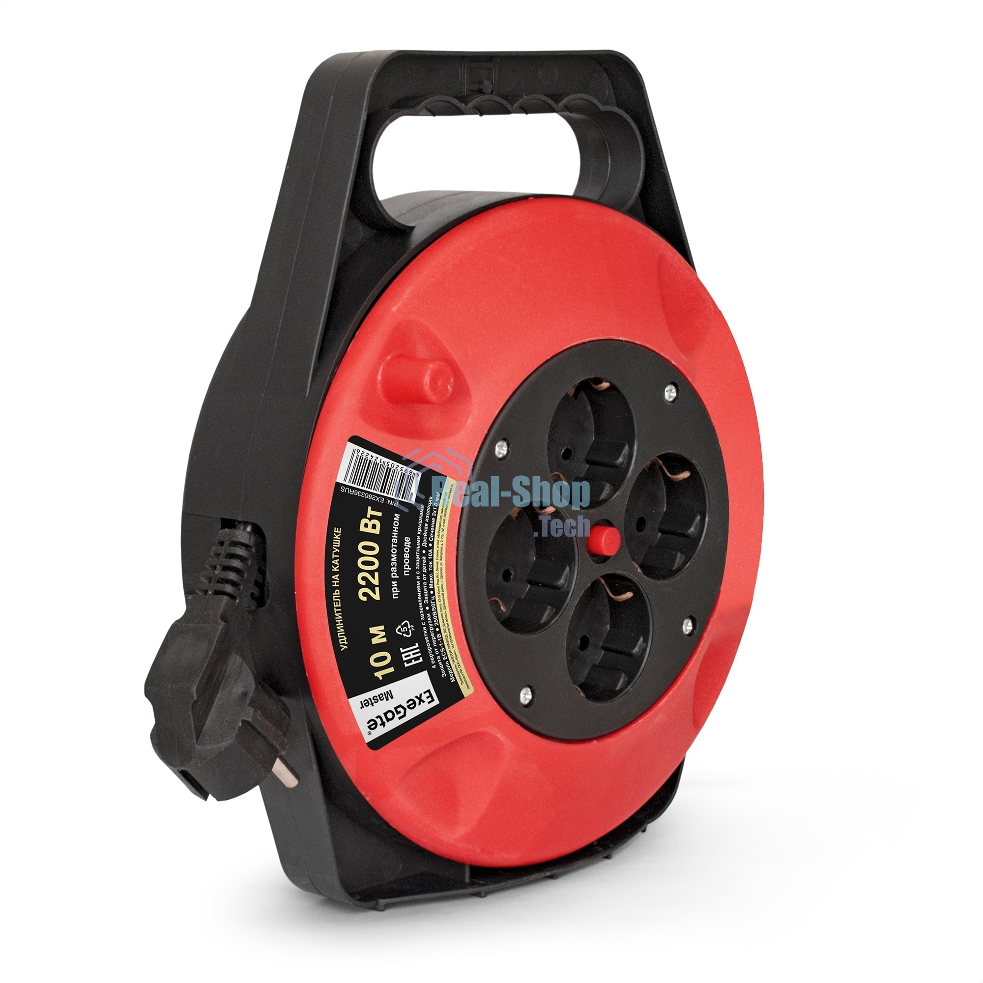 Удлинитель на катушке ExeGate EX286336RUS Master ECS-1-1B (4 евророзетки с заземлением, 10 м, защита от детей, защита от перегрузки, 3х1,0 мм2, 10А/2.2 кВт)