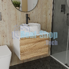 Комплект: тумба Bau Dream Blackwood 60, 1 ящик, Раковина круглая накладная BAU Element D41, мрамор, смеситель Hotel Dream Black, черный матовый
